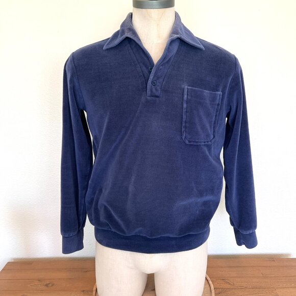 90's Velour Polo Style Shirt - Joel - Navy Long Sleeve - Size Medium - Picture 3 of 10